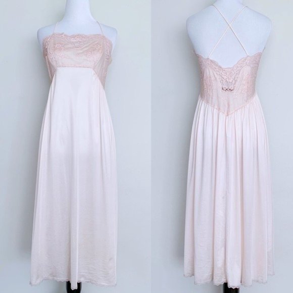 Vintage 70s Blush Pink Lace Nightgown Slip Low Back Cross Straps Midi Slip - Picture 12 of 12